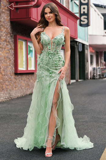 Grün Meerjungfrau Spaghettiträger 3D Blumen Korsett Langes Ballkleid mit Schlitz
