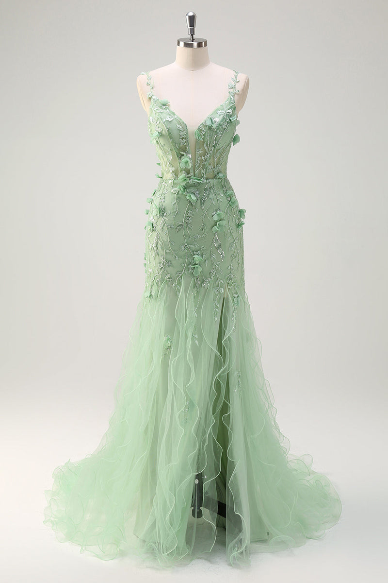 Laden Sie das Bild in den Galerie-Viewer, Grün Meerjungfrau Spaghettiträger 3D Blumen Korsett Langes Ballkleid mit Schlitz