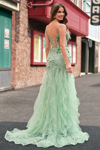 Grün Meerjungfrau Spaghettiträger 3D Blumen Korsett Langes Ballkleid mit Schlitz
