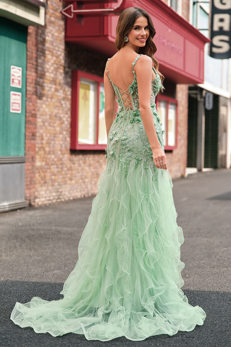 Laden Sie das Bild in den Galerie-Viewer, Grün Meerjungfrau Spaghettiträger 3D Blumen Korsett Langes Ballkleid mit Schlitz