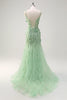 Laden Sie das Bild in den Galerie-Viewer, Grün Meerjungfrau Spaghettiträger 3D Blumen Korsett Langes Ballkleid mit Schlitz