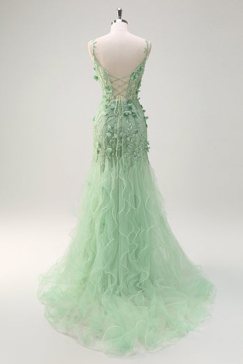 Grün Meerjungfrau Spaghettiträger 3D Blumen Korsett Langes Ballkleid mit Schlitz