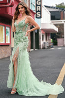 Laden Sie das Bild in den Galerie-Viewer, Grün Meerjungfrau Spaghettiträger 3D Blumen Korsett Langes Ballkleid mit Schlitz