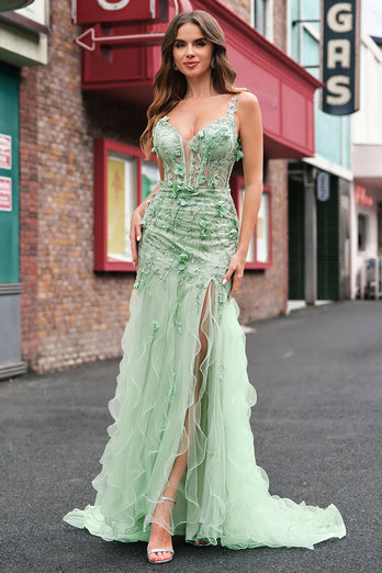 Grün Meerjungfrau Spaghettiträger 3D Blumen Korsett Langes Ballkleid mit Schlitz