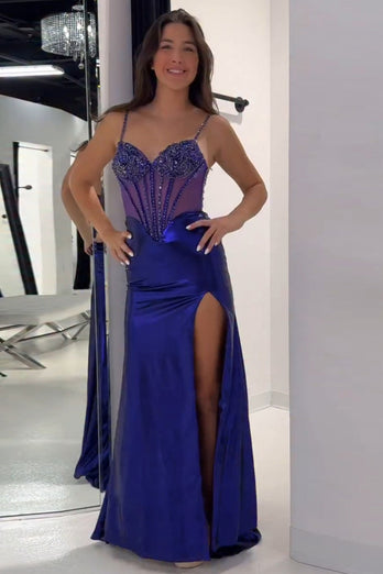 Glitzer Gold Metallisch Meerjungfrau Korsett Langes Ballkleid mit Schlitz