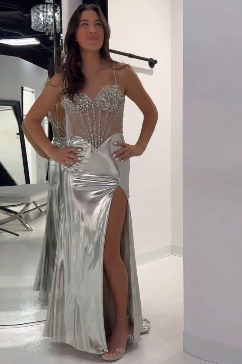 Laden Sie das Bild in den Galerie-Viewer, Glitzer Gold Metallisch Meerjungfrau Korsett Langes Ballkleid mit Schlitz