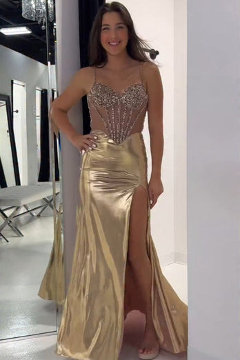 Glitzer Gold Metallisch Meerjungfrau Korsett Langes Ballkleid mit Schlitz