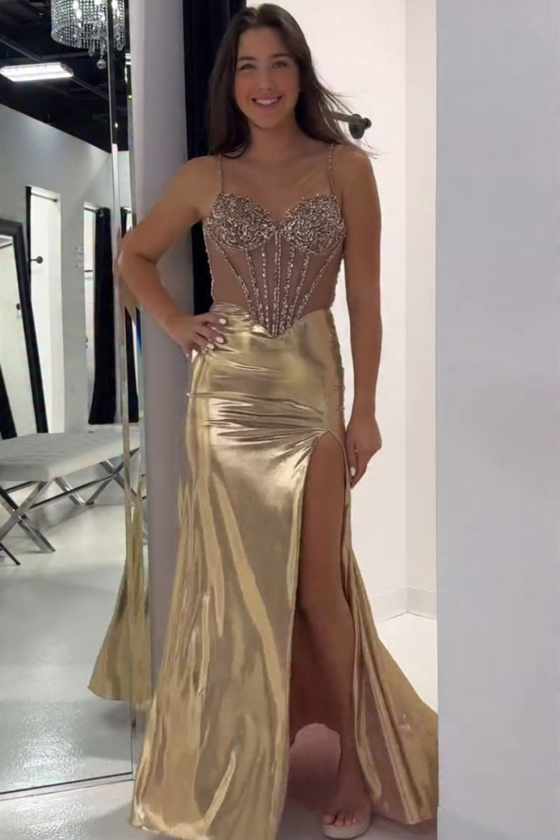 Laden Sie das Bild in den Galerie-Viewer, Glitzer Gold Metallisch Meerjungfrau Korsett Langes Ballkleid mit Schlitz