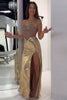 Laden Sie das Bild in den Galerie-Viewer, Glitzer Gold Metallisch Meerjungfrau Korsett Langes Ballkleid mit Schlitz