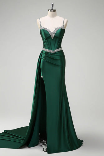 Glitzer Dunkelgrün Pailletten Spaghettiträger Lange Abendkleid mit Schlitz