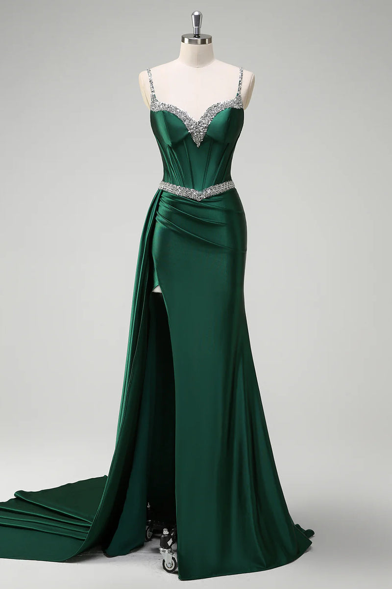 Laden Sie das Bild in den Galerie-Viewer, Glitzer Dunkelgrün Pailletten Spaghettiträger Lange Abendkleid mit Schlitz