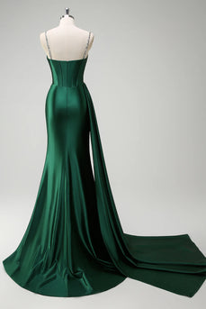 Glitzer Dunkelgrün Pailletten Spaghettiträger Lange Abendkleid mit Schlitz