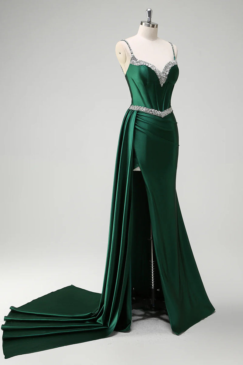 Laden Sie das Bild in den Galerie-Viewer, Glitzer Dunkelgrün Pailletten Spaghettiträger Lange Abendkleid mit Schlitz