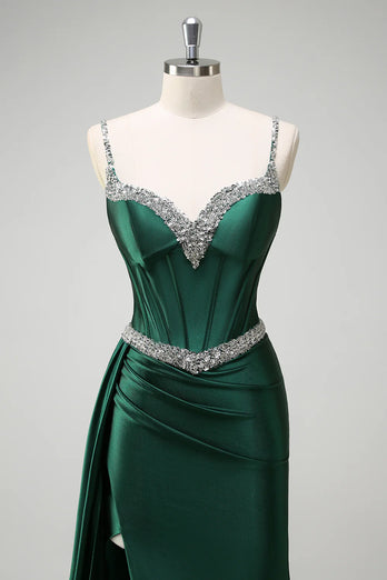 Glitzer Dunkelgrün Pailletten Spaghettiträger Lange Abendkleid mit Schlitz