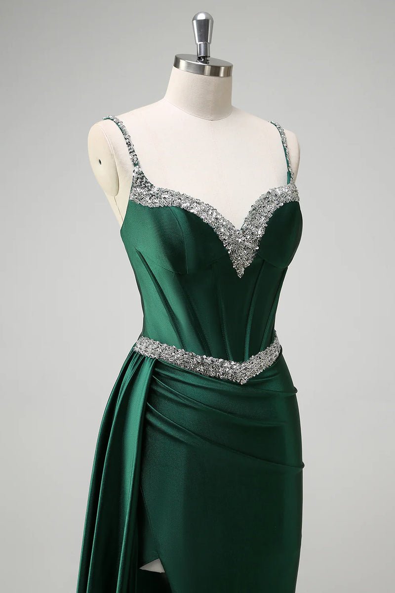 Laden Sie das Bild in den Galerie-Viewer, Glitzer Dunkelgrün Pailletten Spaghettiträger Lange Abendkleid mit Schlitz