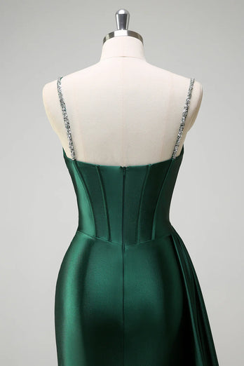 Glitzer Dunkelgrün Pailletten Spaghettiträger Lange Abendkleid mit Schlitz