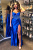 Laden Sie das Bild in den Galerie-Viewer, Glitzer Königsblau Korsett Satin Lange Abendkleid mit Schlitz