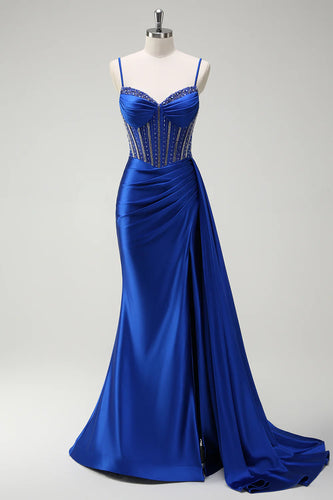Glitzer Königsblau Korsett Meerjungfrau Lange Satin Abendkleid mit Schlitz