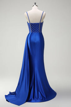Glitzer Königsblau Korsett Meerjungfrau Lange Satin Abendkleid mit Schlitz