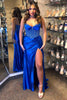 Laden Sie das Bild in den Galerie-Viewer, Glitzer Königsblau Korsett Satin Lange Abendkleid mit Schlitz