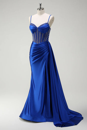 Glitzer Königsblau Korsett Meerjungfrau Lange Satin Abendkleid mit Schlitz