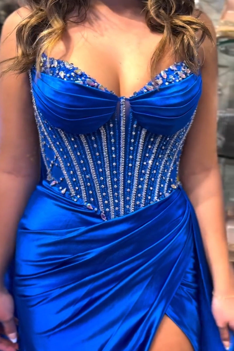 Laden Sie das Bild in den Galerie-Viewer, Glitzer Königsblau Korsett Satin Lange Abendkleid mit Schlitz
