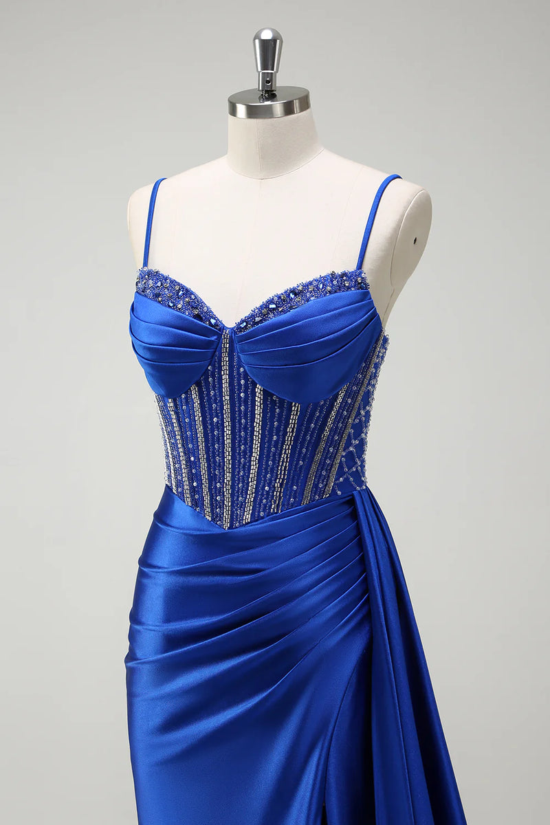 Laden Sie das Bild in den Galerie-Viewer, Glitzer Königsblau Korsett Meerjungfrau Lange Satin Abendkleid mit Schlitz