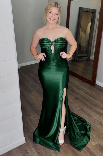 Glitzer Dunkelgrün Korsett Satin Langes Ballkleid mit Schlitz