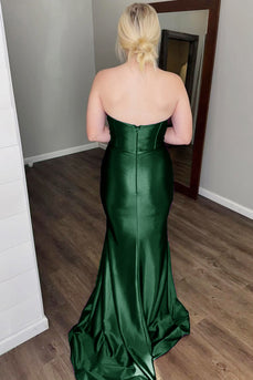 Glitzer Dunkelgrün Korsett Satin Langes Ballkleid mit Schlitz
