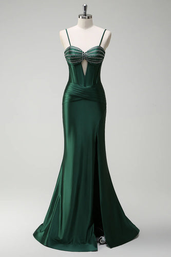 Glitzer Dunkelgrün Korsett Meerjungfrau Lange Satin Abendkleid