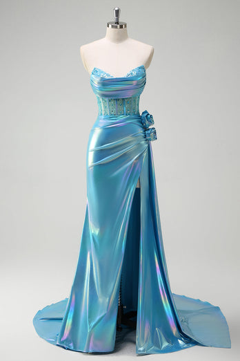 Metallic Blau  Meerjungfrau Trägerloses Korsett Blumen Langes Ballkleid mit Schlitz
