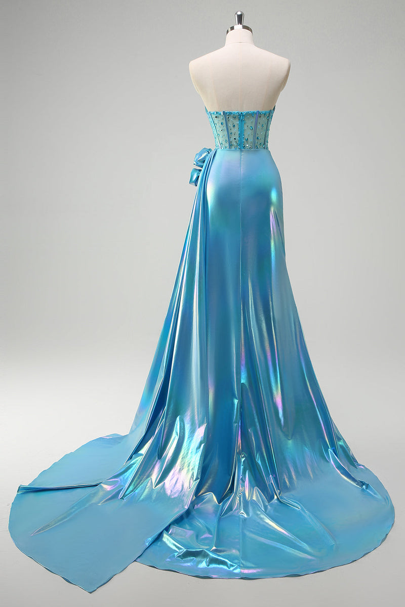 Laden Sie das Bild in den Galerie-Viewer, Metallic Blau  Meerjungfrau Trägerloses Korsett Blumen Langes Ballkleid mit Schlitz