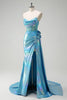 Laden Sie das Bild in den Galerie-Viewer, Metallic Blau  Meerjungfrau Trägerloses Korsett Blumen Langes Ballkleid mit Schlitz