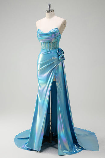 Metallic Blau  Meerjungfrau Trägerloses Korsett Blumen Langes Ballkleid mit Schlitz