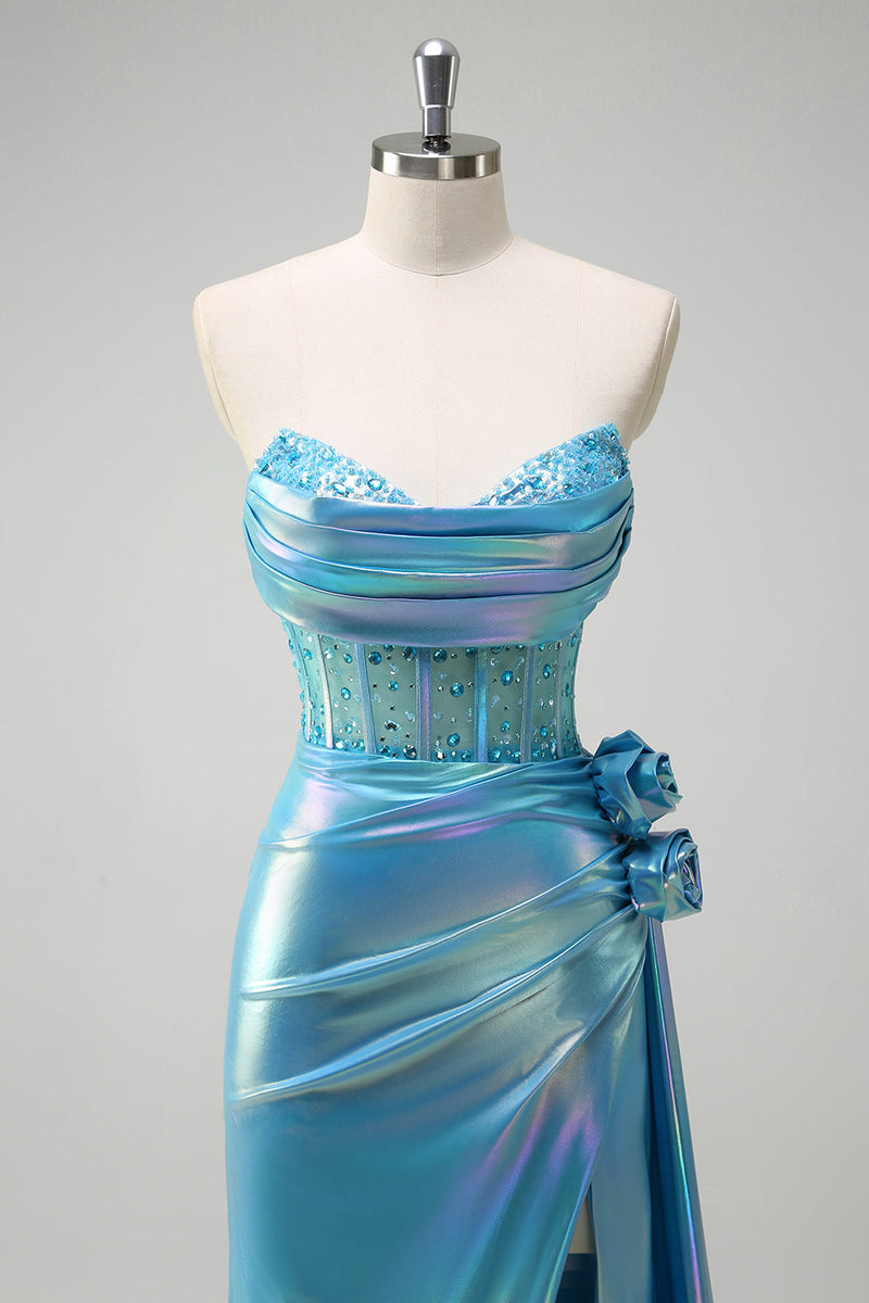 Laden Sie das Bild in den Galerie-Viewer, Metallic Blau  Meerjungfrau Trägerloses Korsett Blumen Langes Ballkleid mit Schlitz