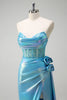 Laden Sie das Bild in den Galerie-Viewer, Metallic Blau  Meerjungfrau Trägerloses Korsett Blumen Langes Ballkleid mit Schlitz