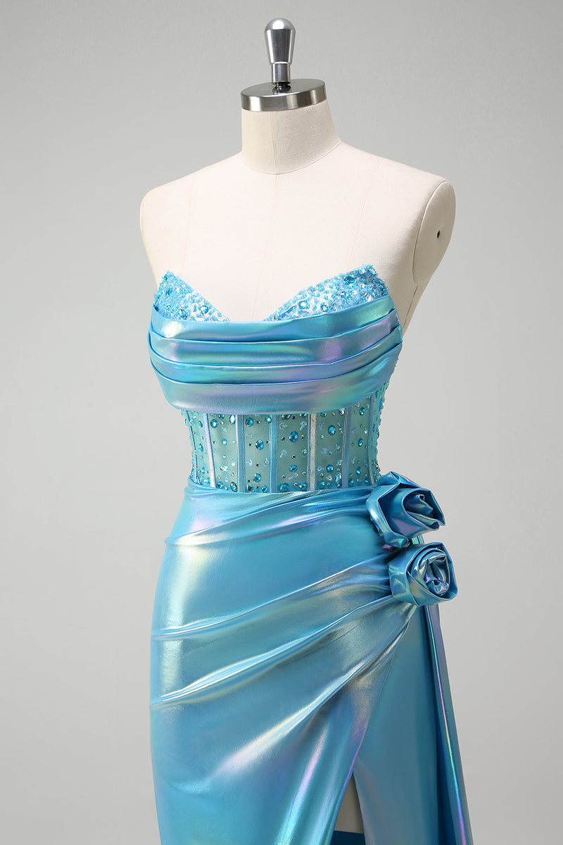 Laden Sie das Bild in den Galerie-Viewer, Metallic Blau  Meerjungfrau Trägerloses Korsett Blumen Langes Ballkleid mit Schlitz