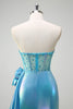 Laden Sie das Bild in den Galerie-Viewer, Metallic Blau  Meerjungfrau Trägerloses Korsett Blumen Langes Ballkleid mit Schlitz