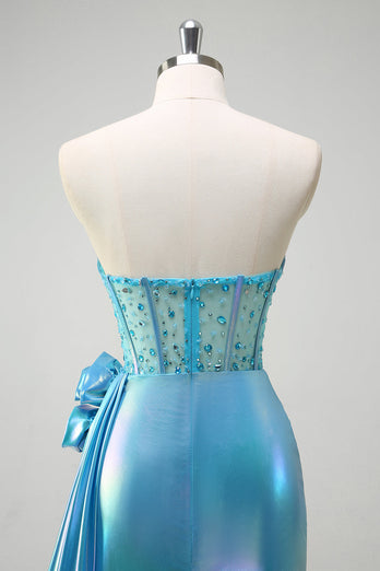 Metallic Blau  Meerjungfrau Trägerloses Korsett Blumen Langes Ballkleid mit Schlitz