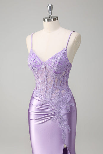 Lila Meerjungfrau Spaghettiträger Langes Ballkleid mit Applikationen