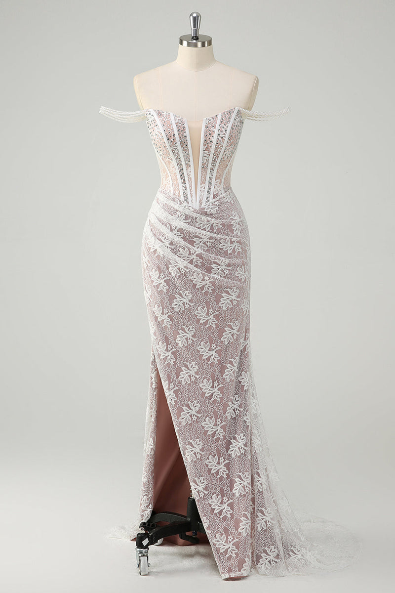 Laden Sie das Bild in den Galerie-Viewer, Glitzer Weißes Schulterfreies Spitzen Korsett Langes Ballkleid mit Schlitz