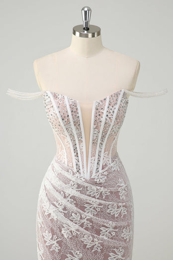 Glitzer Weißes Schulterfreies Spitzen Korsett Langes Ballkleid mit Schlitz