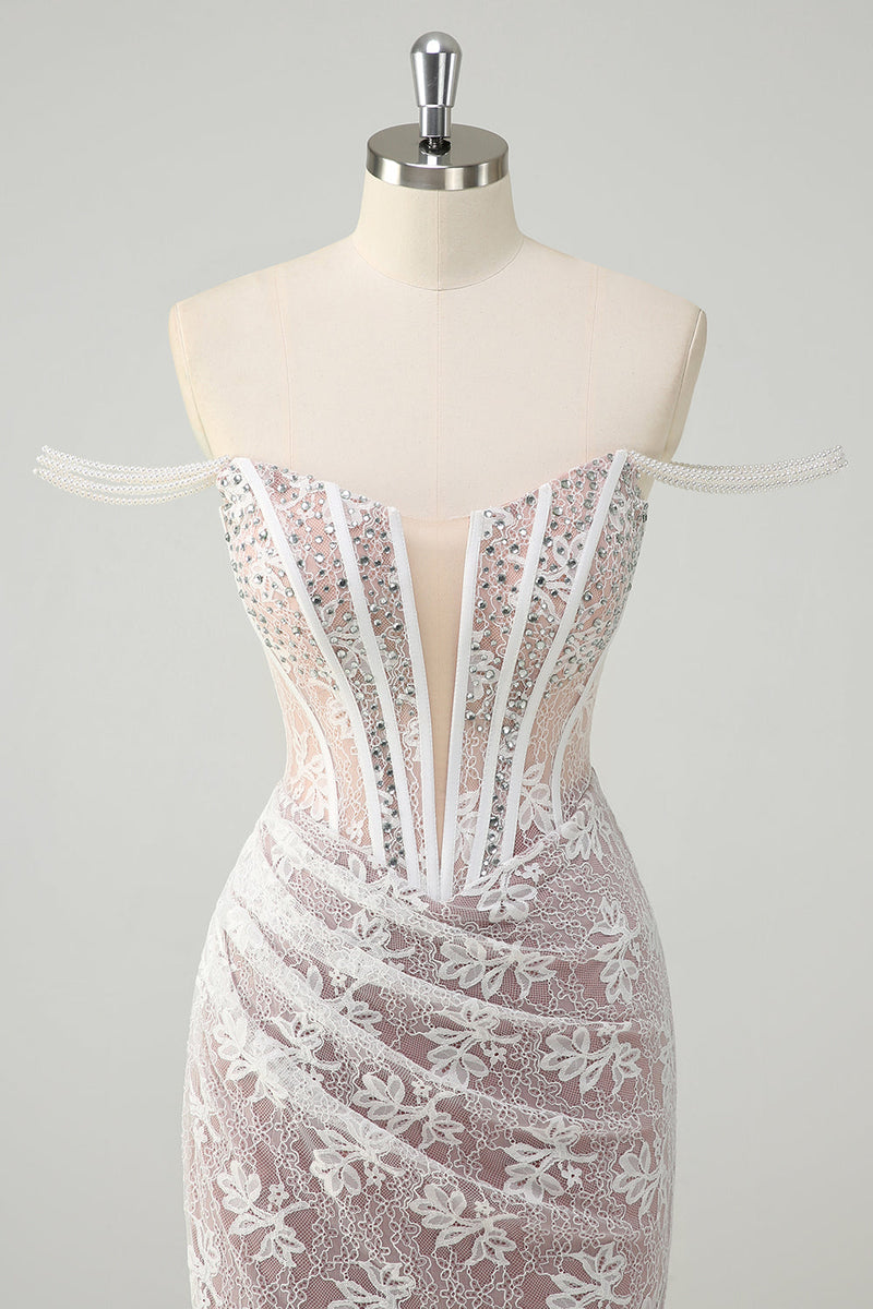 Laden Sie das Bild in den Galerie-Viewer, Glitzer Weißes Schulterfreies Spitzen Korsett Langes Ballkleid mit Schlitz