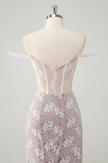 Glitzer Weißes Schulterfreies Spitzen Korsett Langes Ballkleid mit Schlitz