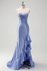 Laden Sie das Bild in den Galerie-Viewer, Glitzer Graublau Korsett Satin Lange Abendkleid mit Rüschen Schlitz