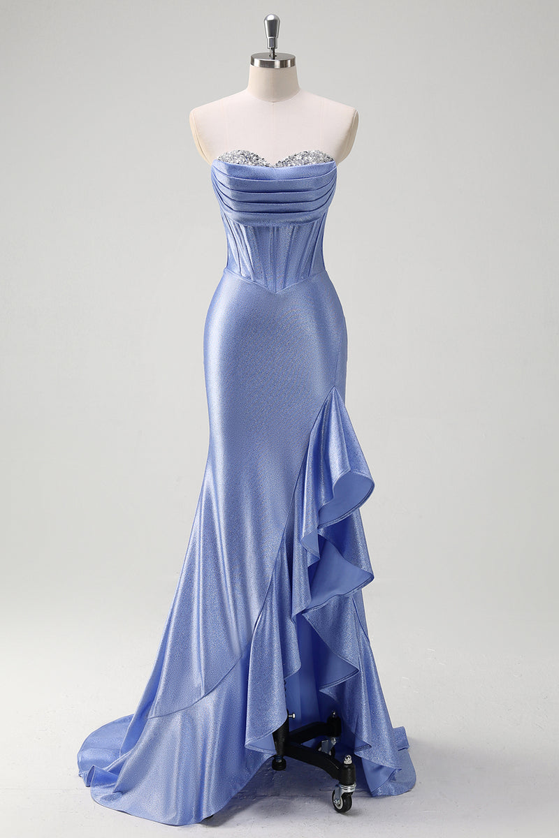 Laden Sie das Bild in den Galerie-Viewer, Glitzer Graublau Korsett Satin Lange Abendkleid mit Rüschen Schlitz