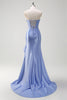 Laden Sie das Bild in den Galerie-Viewer, Glitzer Graublau Korsett Satin Lange Abendkleid mit Rüschen Schlitz
