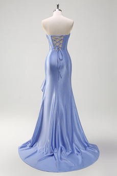Glitzer Graublau Korsett Satin Lange Abendkleid mit Rüschen Schlitz