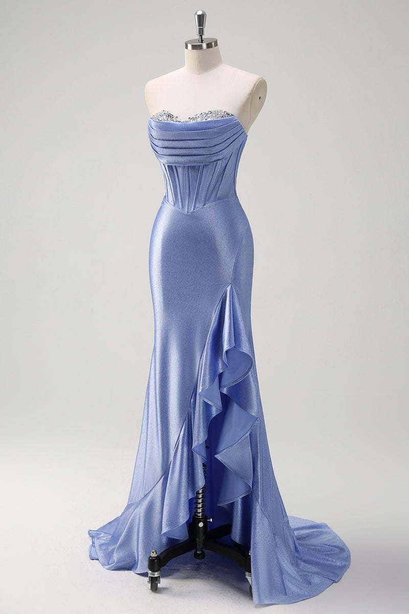 Laden Sie das Bild in den Galerie-Viewer, Glitzer Graublau Korsett Satin Lange Abendkleid mit Rüschen Schlitz
