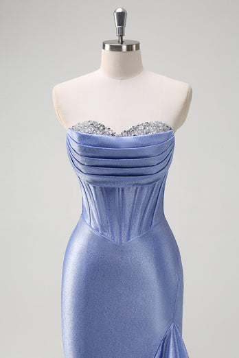 Glitzer Graublau Korsett Satin Lange Abendkleid mit Rüschen Schlitz
